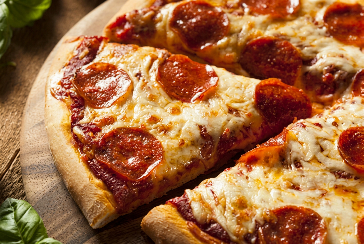 Pizza chaude avec fromage fondant et basilic